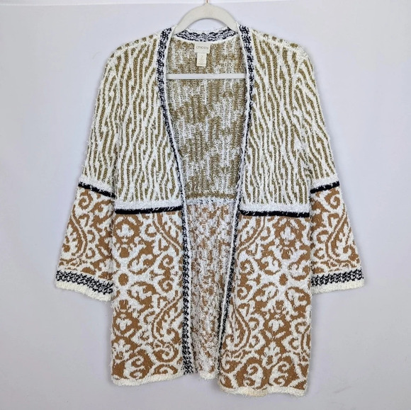 CHICO’S XL Tapestry Pattern Mix Audrey Cardigan Open Draped Sweater Fuzzy Knit - Picture 1 of 12